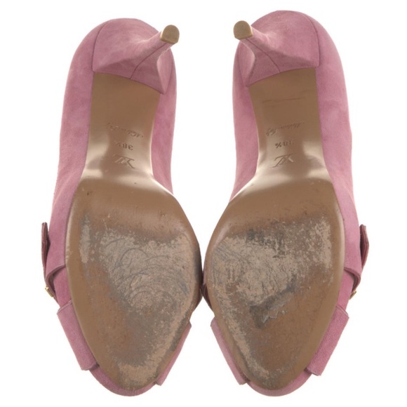 LOUIS VUITTON Pumps Pink Suede Crisscross Peep Toe Stiletto Heels Size 38.5 - Picture 13 of 16